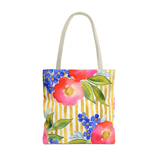 Golden Meadow Floral Striped Tote Bag, Petals & Pinstripe Collection, Golden Yellow Stripe with Pink Flowers Tote Bag