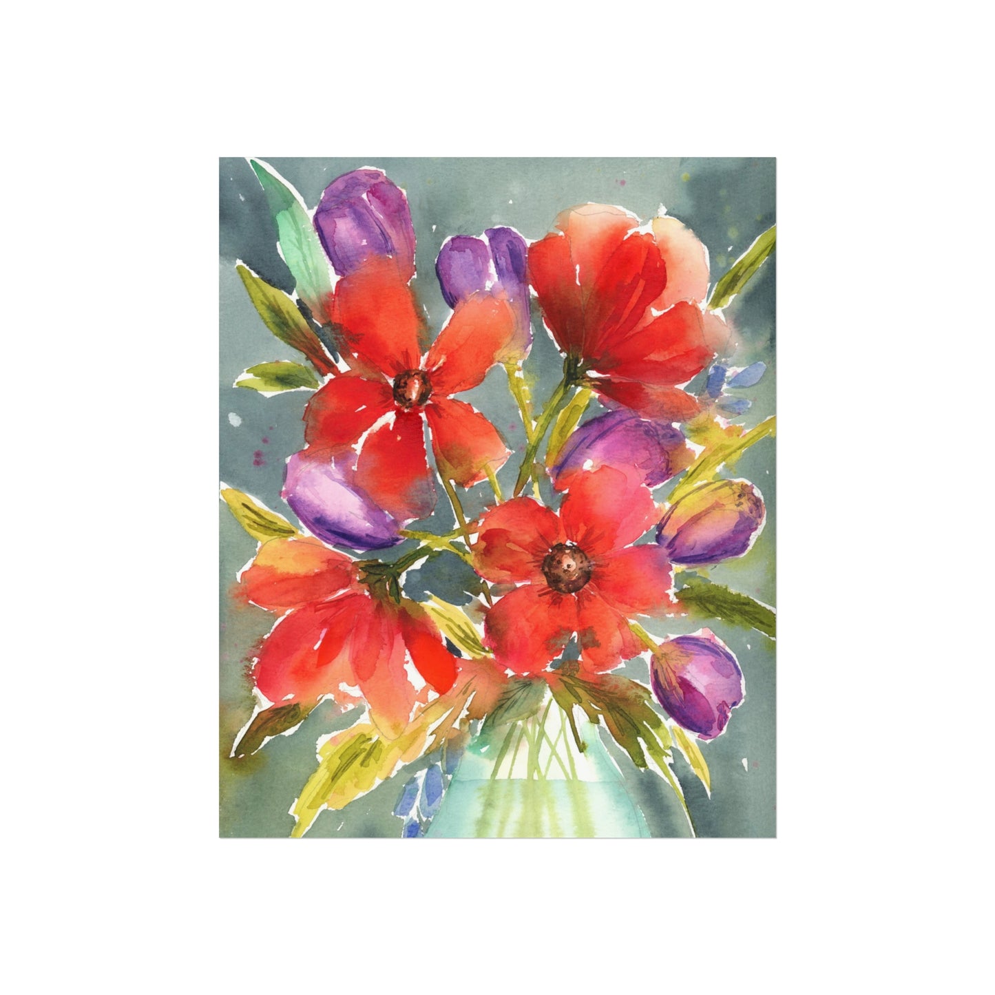 Loose Red Floral Print, Red Floral Watercolor Fine Art Print, Red Flowers with Purple Blooms