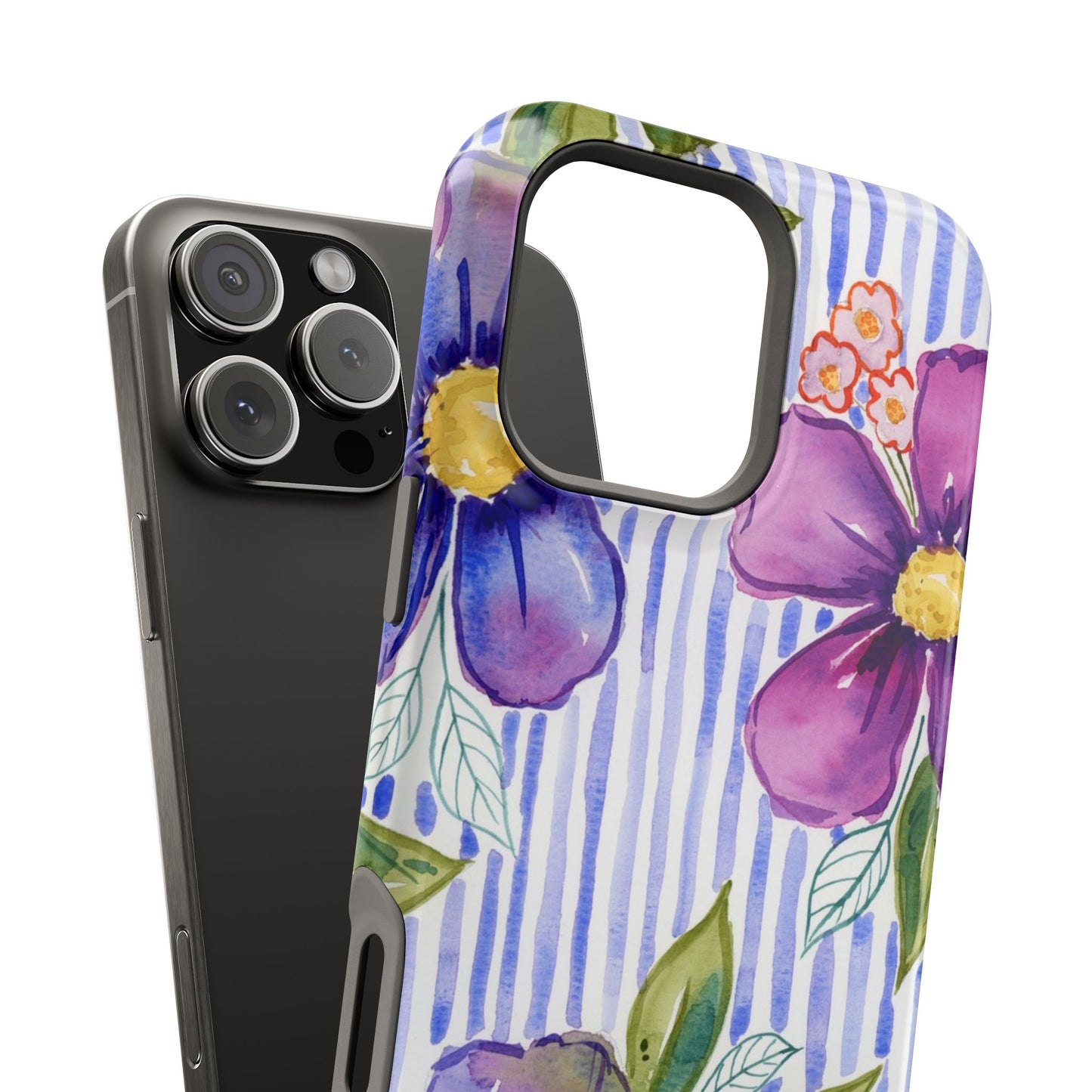 Lavender Lane Magnetic Phone Case, Lavender Blue Striped Floral Magnetic Phone Case
