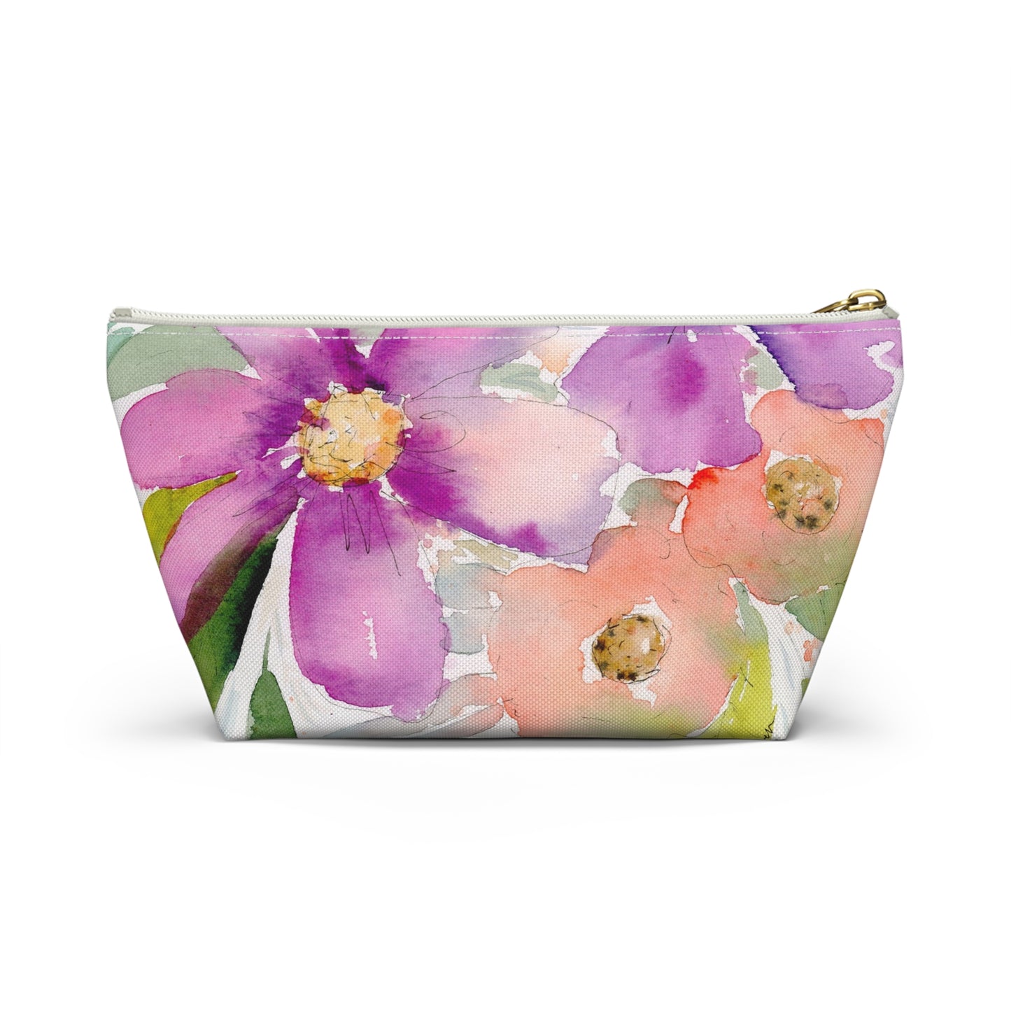 Purple & Peach Flower Zipper Bag, Watercolor Accessory Pouch w T-bottom, Small Zipper Bag for Organization, Makeup Case, School Supplies