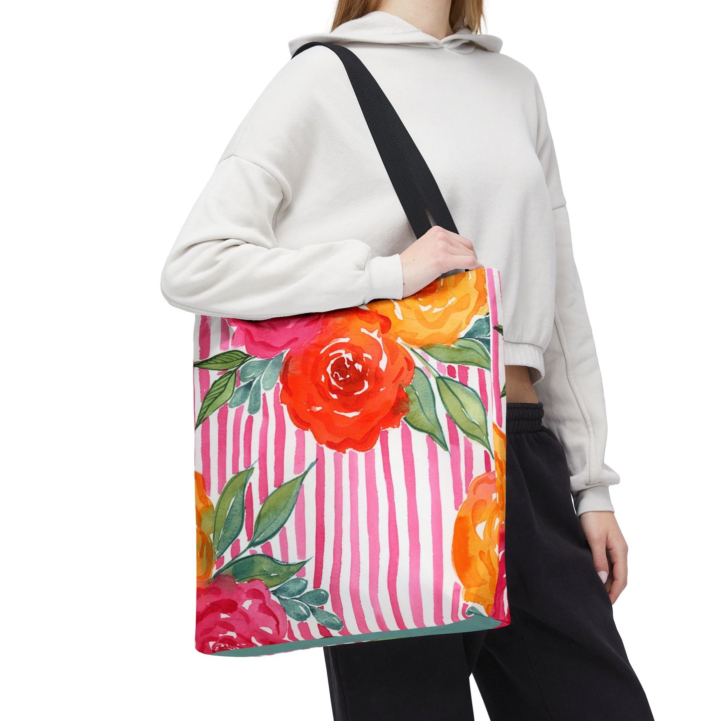 Pink Queen Floral Striped Tote Bag, Petals & Pinstripe Collection, Hot Pink Bold Floral Bag