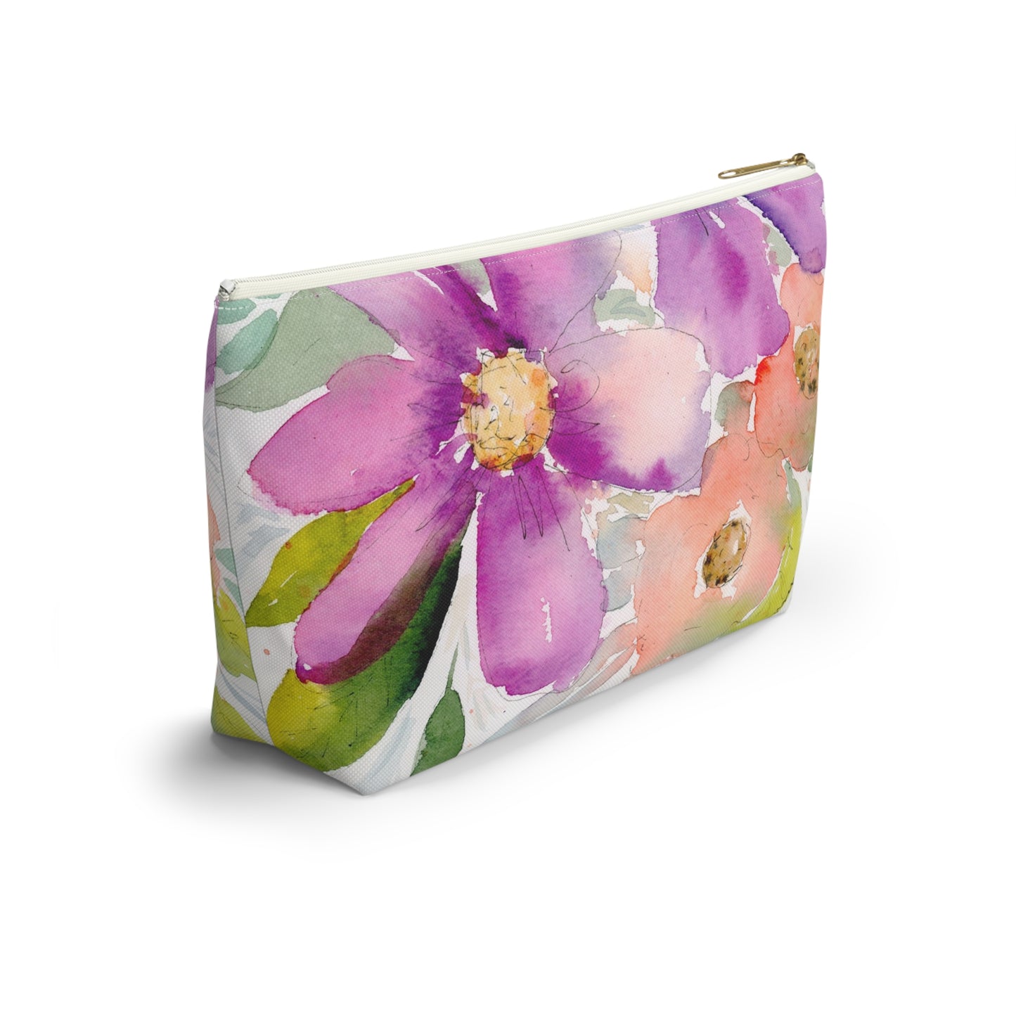 Purple & Peach Flower Zipper Bag, Watercolor Accessory Pouch w T-bottom, Small Zipper Bag for Organization, Makeup Case, School Supplies