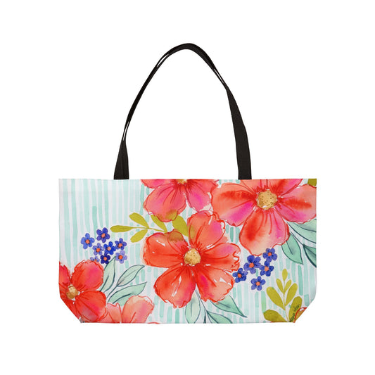 Citrus Splash Weekender Tote Bag, Aqua & Orange Striped Floral Bloom Weekender Tote