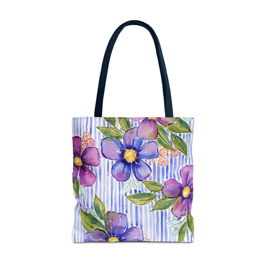 Lavender Lane Floral Striped Tote Bag, Petals & Pinstripe Collection, Lavender, Purple, Blue and Violet Hues Floral Bag