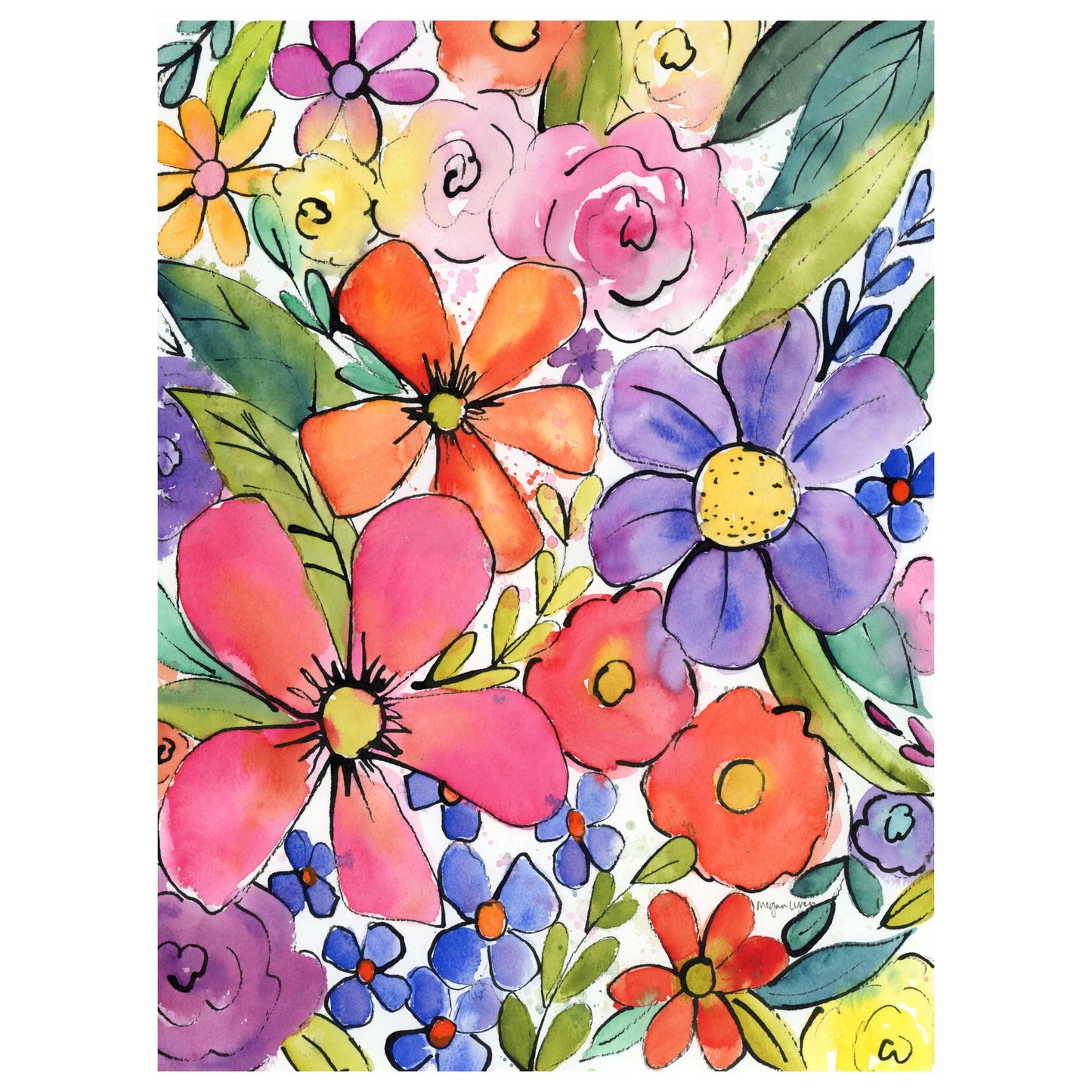 Color-burst Garden, 1 of 2, Original Watercolor Abstract Floral Painting, 11"x15"