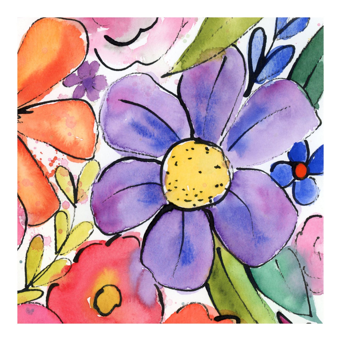 Color-burst Garden, 1 of 2, Original Watercolor Abstract Floral Painting, 11"x15"