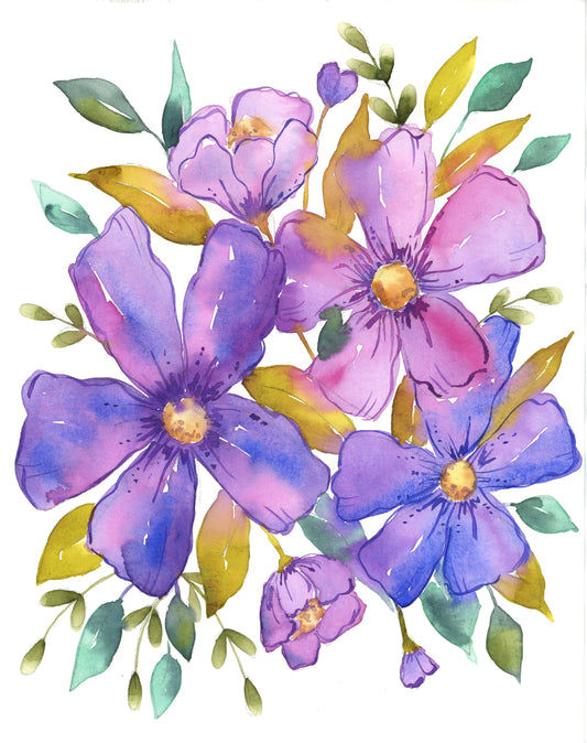 Violet Embrace Floral Watercolor Painting 11x14