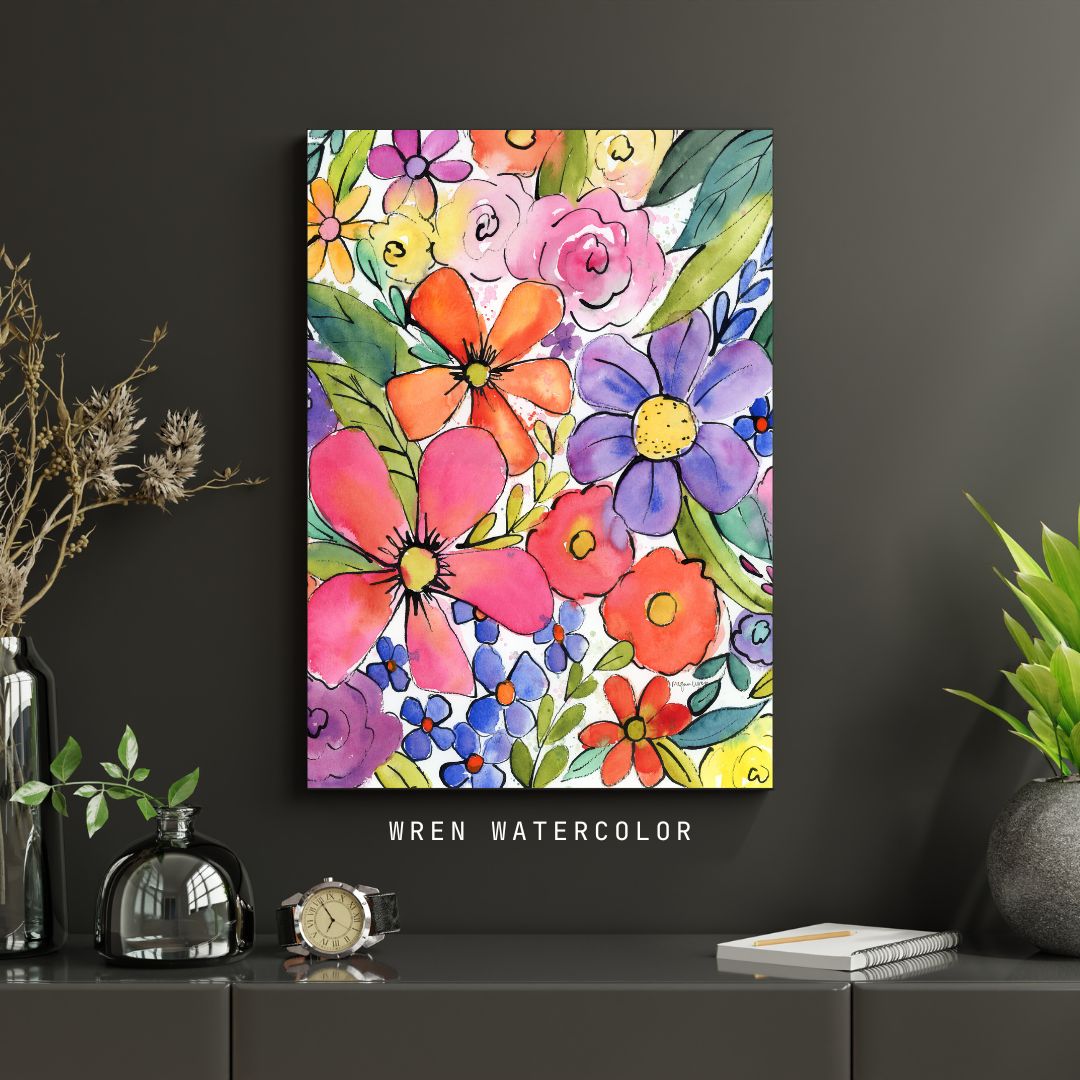 Color-burst Garden, 1 of 2, Original Watercolor Abstract Floral Painting, 11"x15"