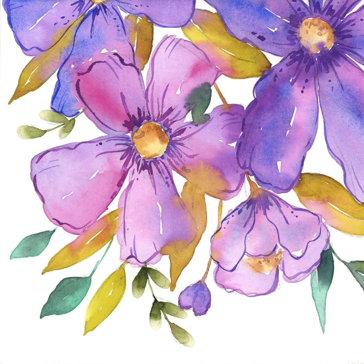 Violet Embrace Floral Watercolor Painting 11x14